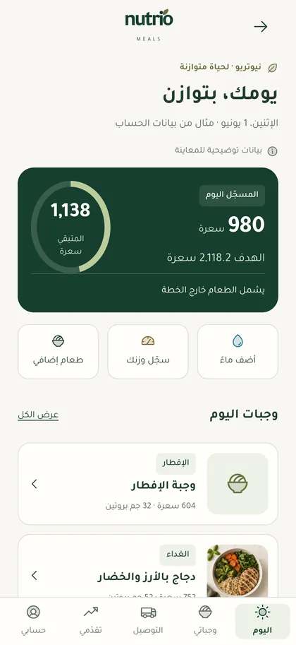 شاشة اليوم في تطبيق Nutriomeals تعرض السعرات المسجّلة ووجبات اليوم